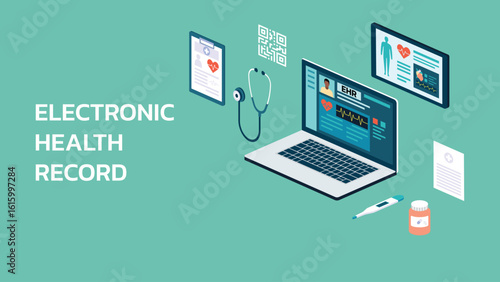 Isometric of electronic health record interface on laptop screen with surrounding medical elements like stethoscope, clipboard, QR code, and pill bottle, vector flat illustration