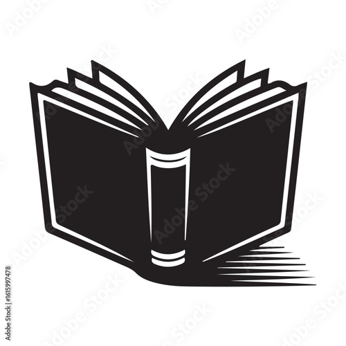 An open book with pages fanned out in a black and white illustration