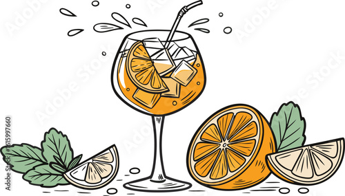 Vibrant orange aperol spritz cocktail with ice cubes against an isolated transparent setting. a detailed vector illustration of a refreshing cocktail in a large stemmed glass.