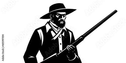 Cartoon illustration of a cowboy with a rifle, a silhouette of a man with a gun, and a woman hunter with a sword, depicting people in various action poses with weapons
