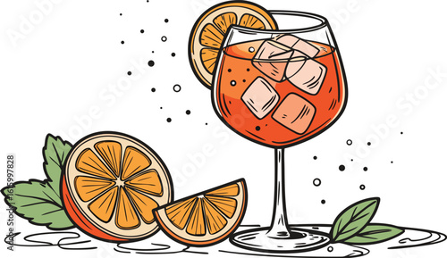 Vibrant orange aperol spritz cocktail with ice cubes against an isolated transparent setting. a detailed vector illustration of a refreshing cocktail in a large stemmed glass.
