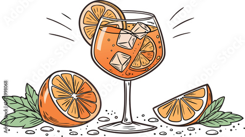 Vibrant orange aperol spritz cocktail with ice cubes against an isolated transparent setting. a detailed vector illustration of a refreshing cocktail in a large stemmed glass.