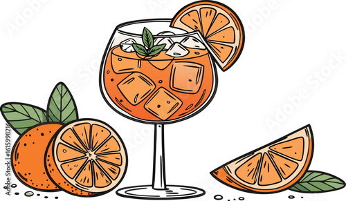Vibrant orange aperol spritz cocktail with ice cubes against an isolated transparent setting. a detailed vector illustration of a refreshing cocktail in a large stemmed glass.