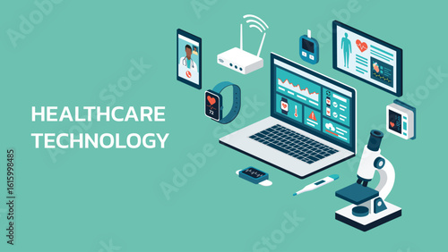 Isometric of healthcare technology interface on laptop screen with smart medical devices, wearable tracker, microscope, and thermometer, vector flat illustration