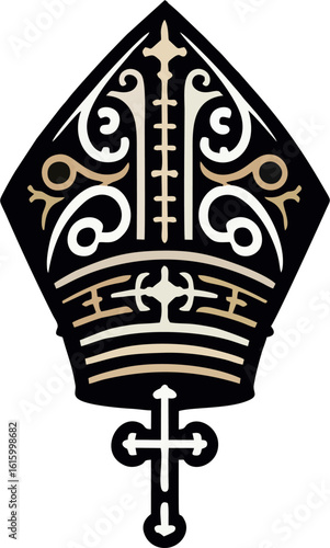 Elegant Ornamental Bishop Mitre Vector with Hanging Cross in Gold and Black