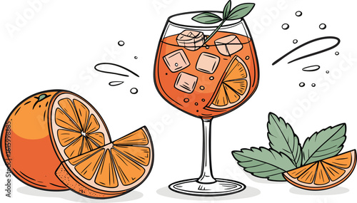 Vibrant orange aperol spritz cocktail with ice cubes against an isolated transparent setting. a detailed vector illustration of a refreshing cocktail in a large stemmed glass.