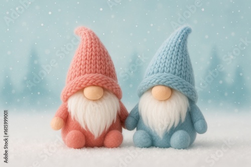 Winter Gnome Companions: Two endearing gnomes, adorned in cozy knit hats, share a moment of friendship in a serene winter landscape, symbolizing companionship, joy, and the magic of the season.