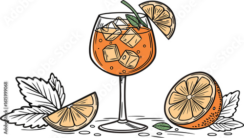 Vibrant orange aperol spritz cocktail with ice cubes against an isolated transparent setting. a detailed vector illustration of a refreshing cocktail in a large stemmed glass.