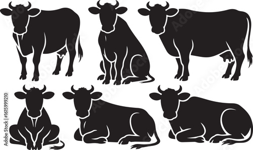 Black silhouettes of cows in various poses cattle farm