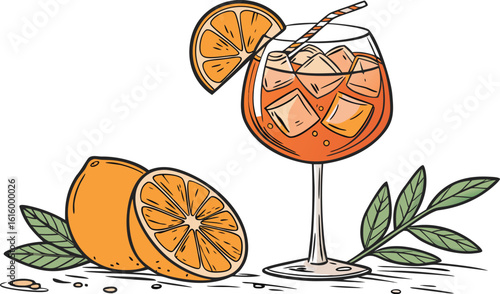 Vibrant orange aperol spritz cocktail with ice cubes against an isolated transparent setting. a detailed vector illustration of a refreshing cocktail in a large stemmed glass.