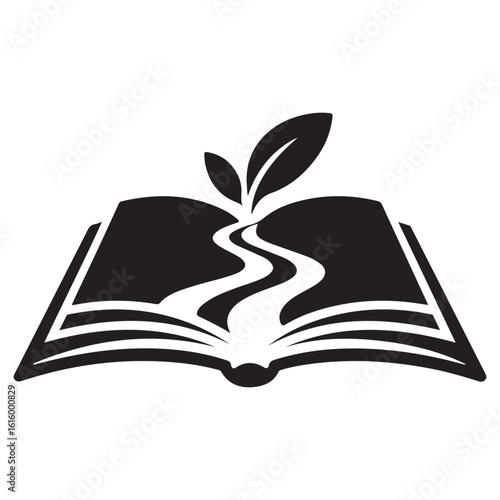 Open book with a river flowing through it and leaves on top in black