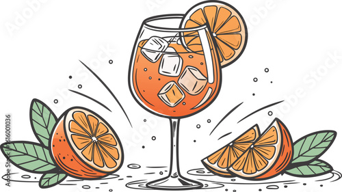 Vibrant orange aperol spritz cocktail with ice cubes against an isolated transparent setting. a detailed vector illustration of a refreshing cocktail in a large stemmed glass.