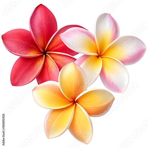 3d plumeria frangipani flowers red yellow pink on white background