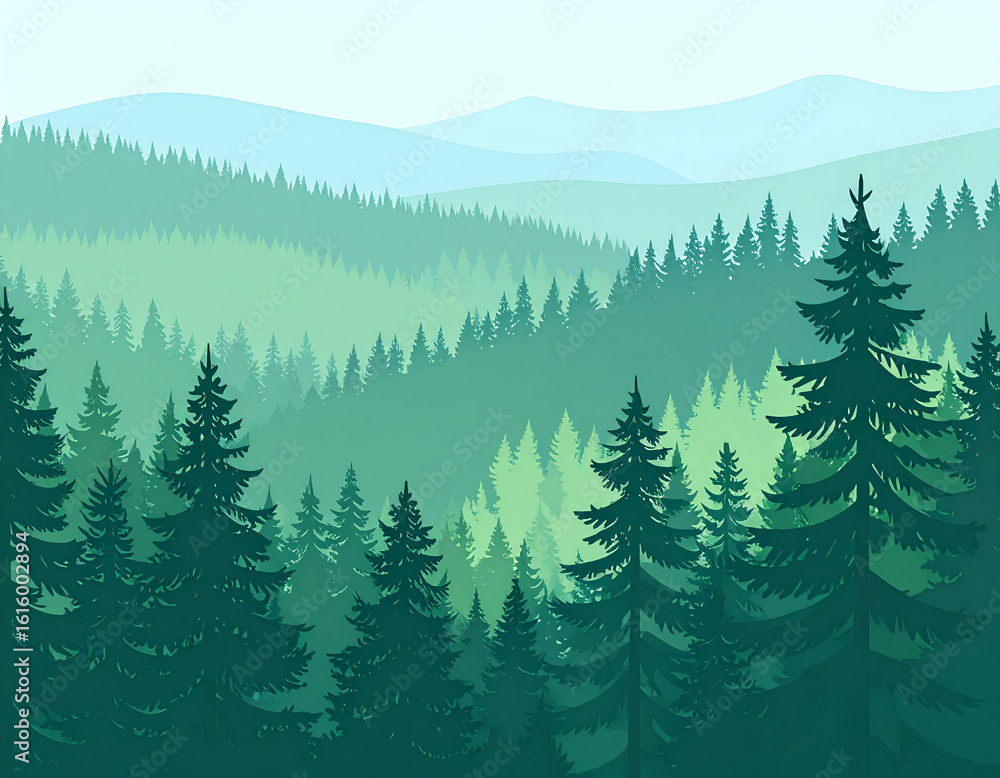 Fototapeta premium Serene Green Forest Landscape with Rolling Hills and Distant Mountains
