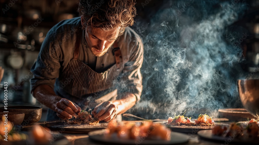 Fototapeta premium A chef meticulously prepares a dish with steam rising in a professional kitchen setting. The image captures the chef's skill and dedication to culinary art