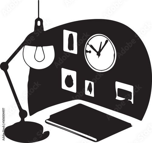 Modern minimalist desk lamp and clock silhouette design featuring wall decor and notebook, perfect for home office, study corner, or workspace decoration and creative graphic projects.