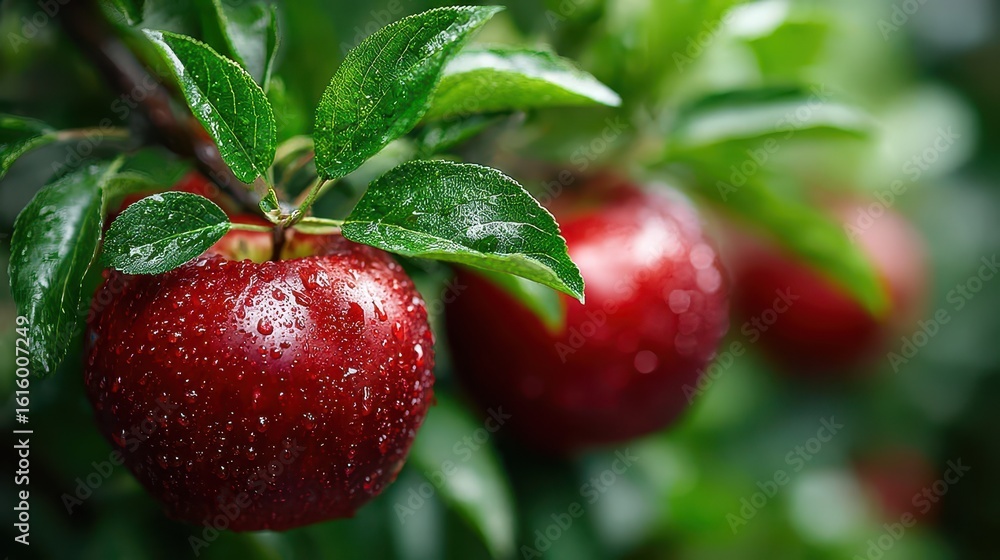 Obraz premium Ripe Red Apples on Branch with Water Droplets