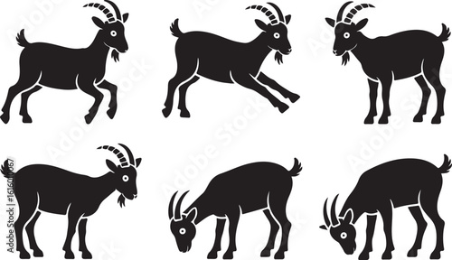 Six black goats depicted in various poses silhouette animal