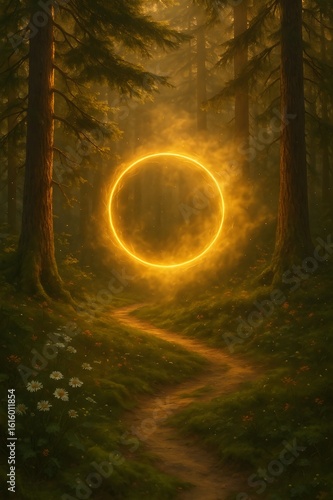 Fantasy forest path with glowing golden ring portal in magical woodland setting illuminated by soft sunlight and mist
