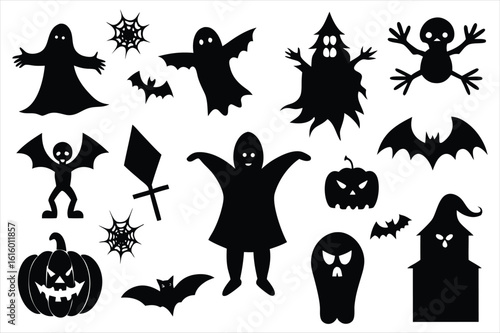 Collection of halloween silhouettes including ghosts bats and pumpkins isolated on white background silhouette