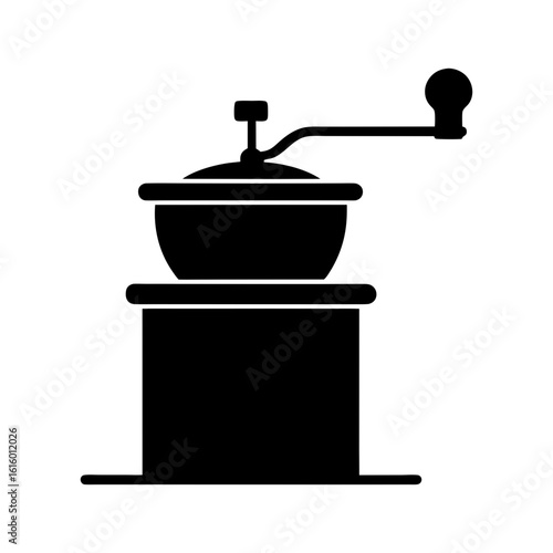 Kitchen spice grinder with crank handle in black flat vector silhouette style