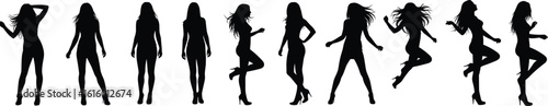 Stylish female silhouettes posing, dancing, jumping in high heels, black and white, energetic fashion movement, elegant confident women, creative expression