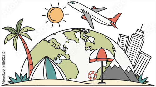 Illustration of travel destinations around the world with airplane