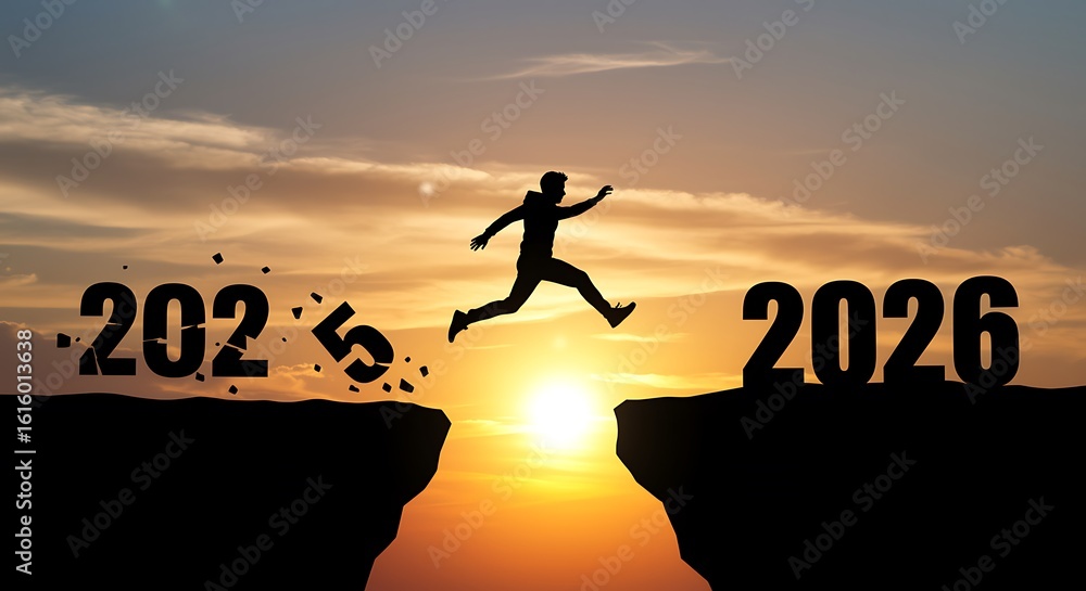 A silhouette of a person jumping from 2025 to 2026 against a vibrant sunset, symbolizing future success A silhouette of a person jumping from 2025 to 2026 against a vibrant sunset, symbolizing future success