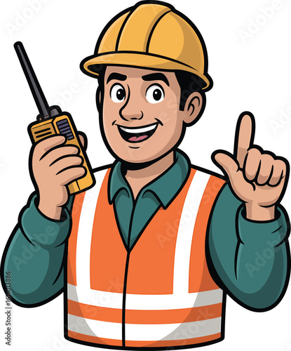 Construction Worker with Radio Communication Safety Vest Hard Hat Job Site Professional
