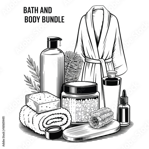 Luxurious bath and body care bundle with soap, scrub, lotion, sponge, and towel in black and white vector illustration
