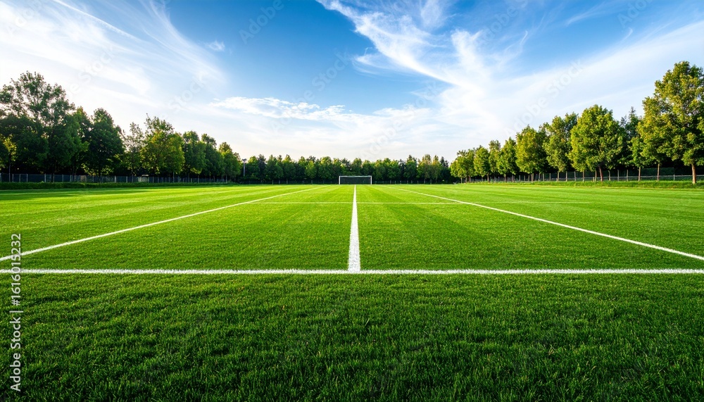 Obraz premium Isolated Football Pitch Under Soft Daylight Seamless Green Grass and Clear White Markings for Sports Background