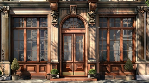 
Front of old New York City brownstone townhouse with oriel windows