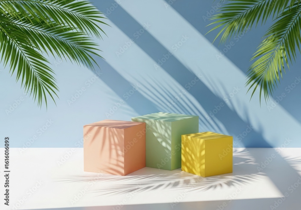 Fototapeta premium Tropical product display podiums with palm leaf shadows pastel colors minimalist design for summer sale or promotion presentation backdrop scene