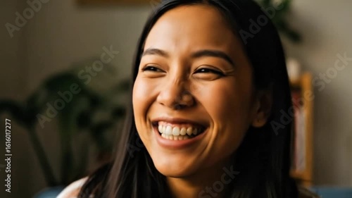 Close-up of a smiling Asian woman with dark hair looking to the right, expressing joy and positive emotion in a natural indoor setting.