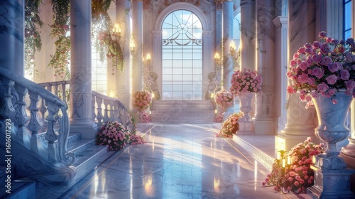  Luxury ballroom interior with marble staircase lit by burning torches at night. Path with columns and rose decorated flower vases  ornate window in mystical palace for fantasy game background.