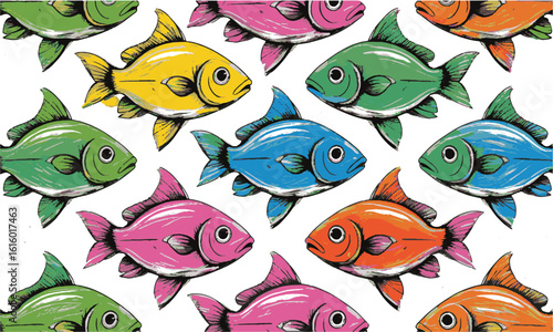 scalable vector illustration of colorful fish in a hand-drawn sketch style, vibrant colors like green, pink, blue, yellow, orange, and red, easily editable.