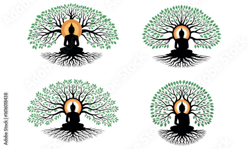 Silhouette of meditating Buddha under Bodhi tree with green leaves in spiritual concept
