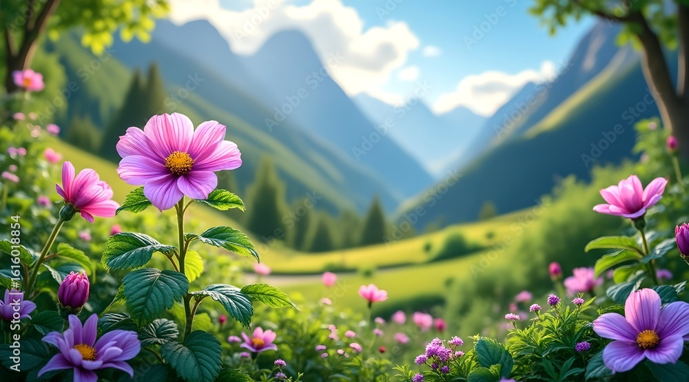 Obraz premium a captivating image of a beautiful flower in full bloom, surrounded by lush green flora and set against the backdrop of a serene nature landscape