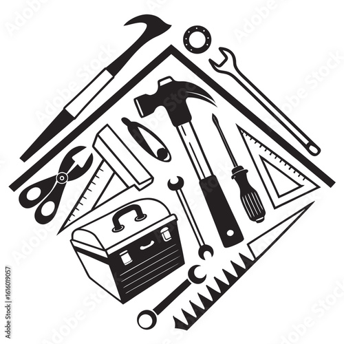 Collection of construction tools silhouette isolated on white background