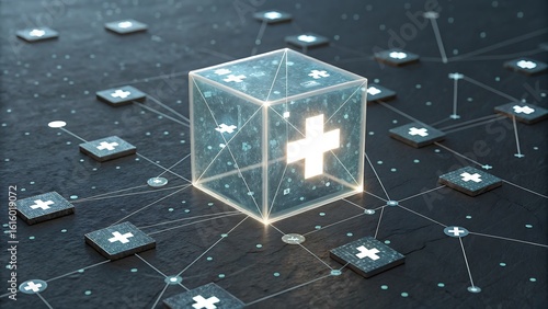 Digital healthcare innovation concept showing a glowing plus symbol within a data block, illustrating an interconnected medical technology network.
