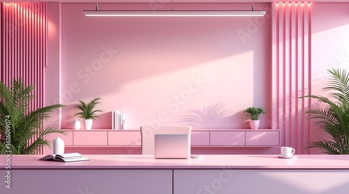a contemporary office workspace image with a clean and sleek office desk setup, the scene should have a radiant pink tone throughout