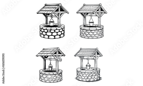 Stone water well icons with roof and pulley in vintage hand drawn style
