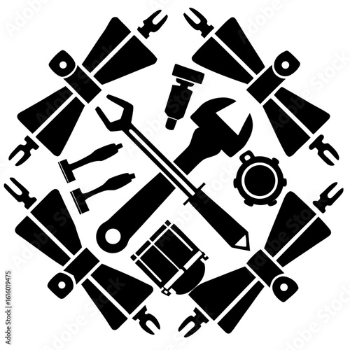 Circular arrangement of tools and machinery parts silhouette isolated on white background