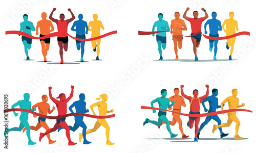 Group of runners crossing finish line in colorful race competition victory concept
