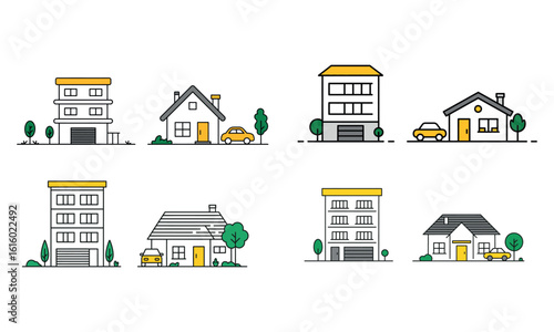 Set of residential house icons with trees cars and rooftops in flat style design
