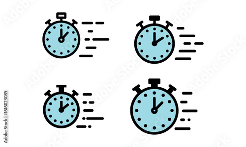 Stopwatch icons with motion lines representing speed urgency and time management in flat style
