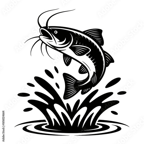 Catfish Jumping Vector Silhouette | Black and White Freshwater Splashing Fish Illustration | Editable EPS Clipart for Fishing Logo, T-Shirt Design, Badge, Emblem, Sticker, Branding & Print