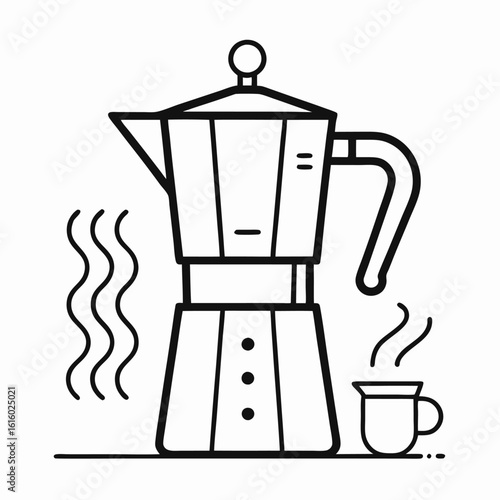 Minimalist illustration of a coffee maker steaming coffee cup vector line art.