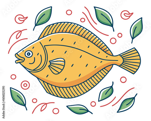 Colorful illustration of a flatfish surrounded by leaves and decorative elements.