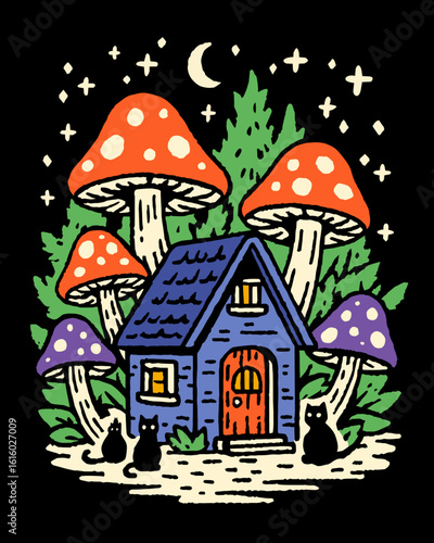 A whimsical illustration of a small blue house surrounded by large mushrooms and three black cats under a starry night sky